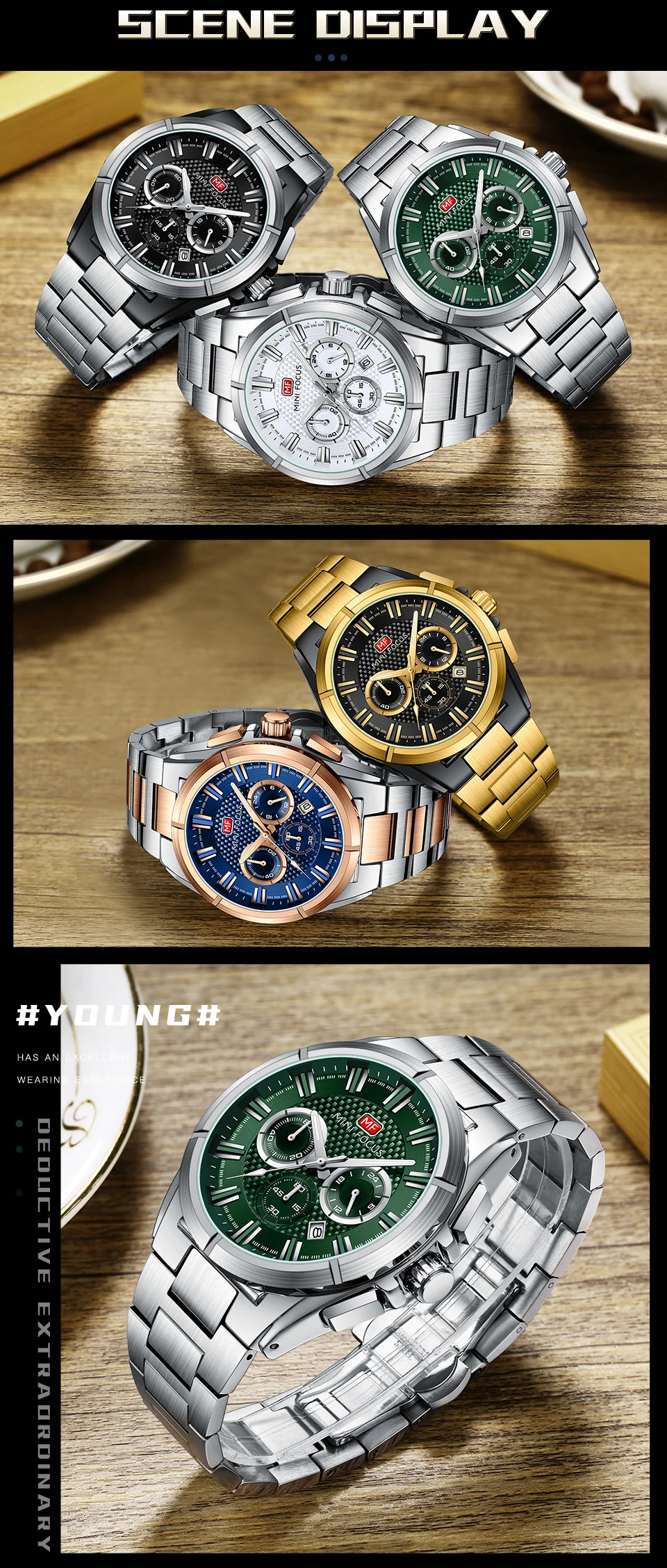 Mini Focus MF0495G Men Chronograph Sport Watch Waterproof Stainless Steel Strap Wristwatch Manufacturer