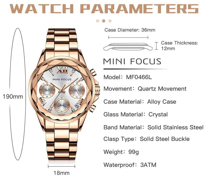 High-End Ladies Chronograph Watch &ndash; MINI FOCUS MF0466L Stainless Steel Strap  3 ATM Waterproof