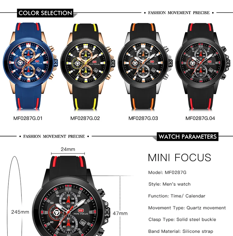 Mini Focus Sports Quartz Watch | Blue Chronograph with Silicone Band & Date Display for Men