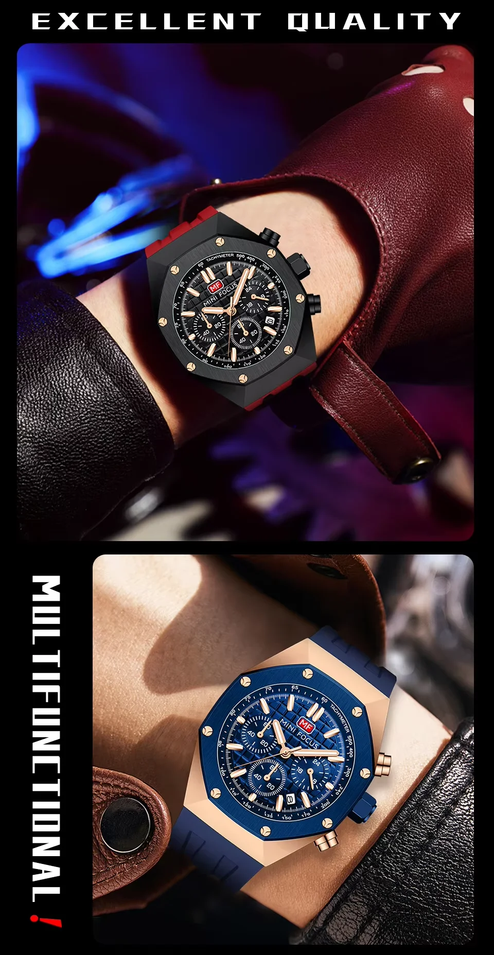 Sport Chronograph Quartz Watch for Men Waterproof Silicone Wristwatch by MINI FOCUS