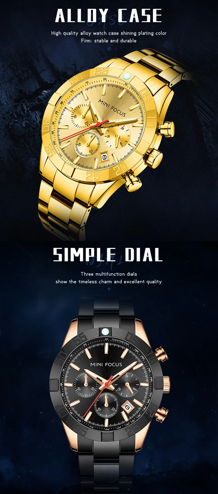 MINI FOCUS Business Chronograph Quartz Watch for Men Stainless Steel Wristwatch