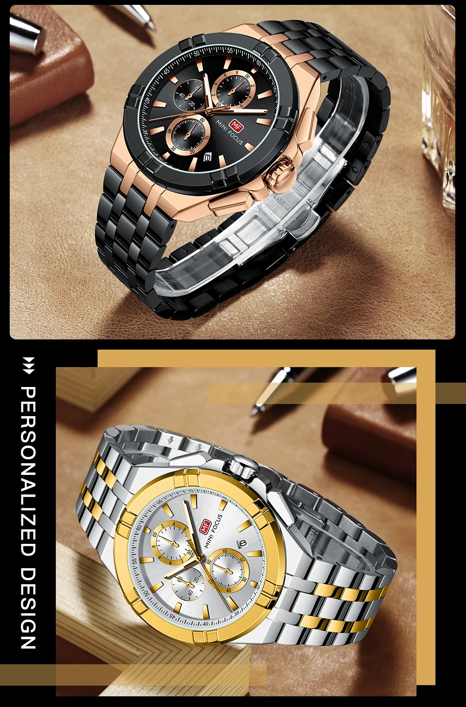 Mini Focus Top Sale Men’s Sports Chronometer Quartz Watch with Stainless Steel Band for Wholesale