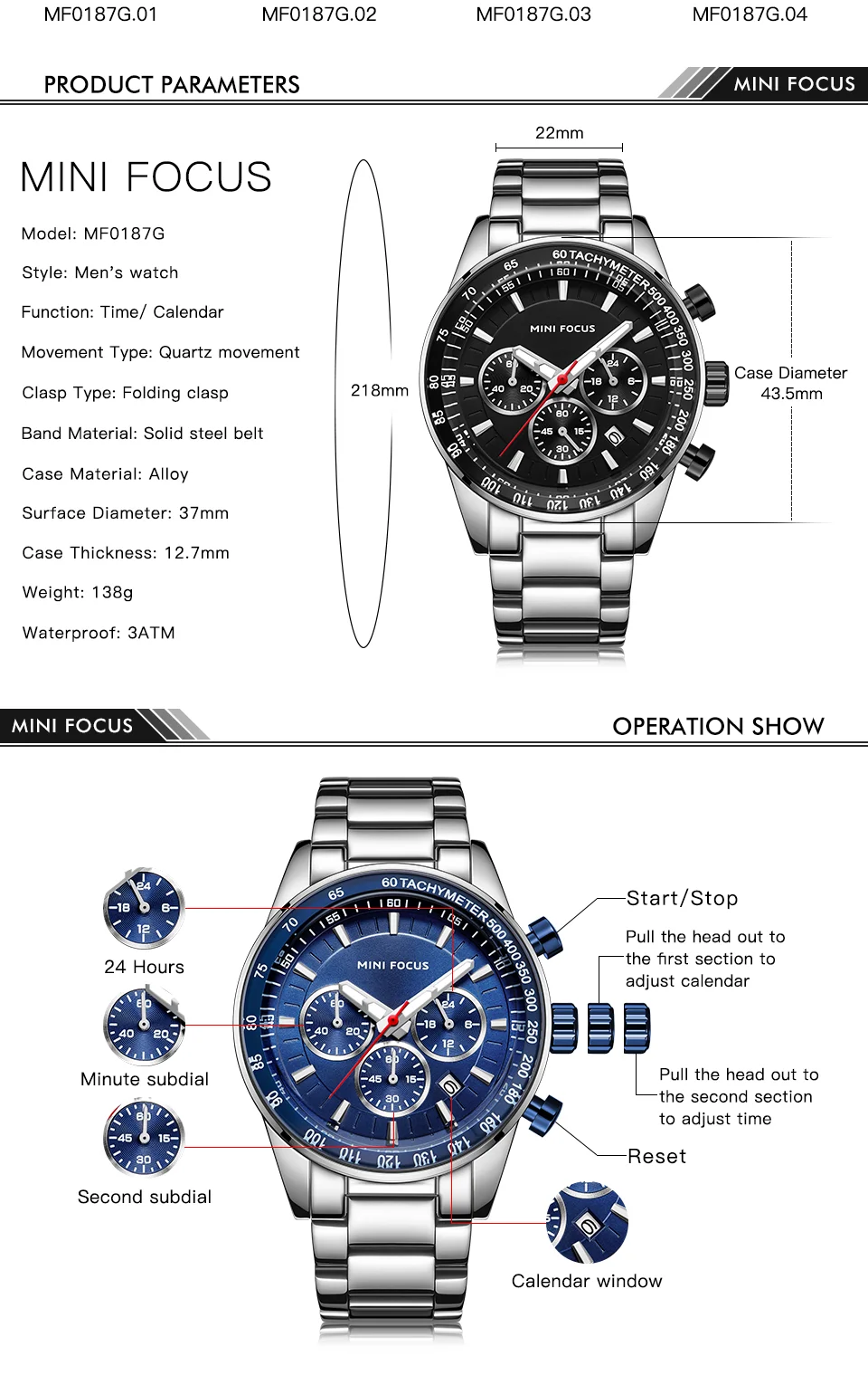 Mini Focus MF0187G Men’s Sports Chronograph Watch | Stainless Steel Wristwatch with Luminous Dial & Calendar