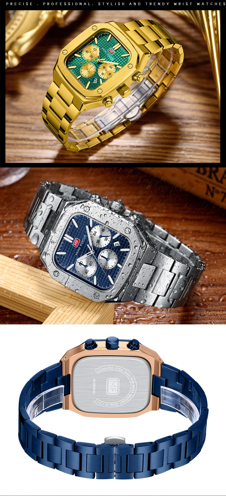 Stylish Luxury Quartz Watch for Men – Rose Gold Blue Chronograph by MINI FOCUS Factory Wholesale Supplier