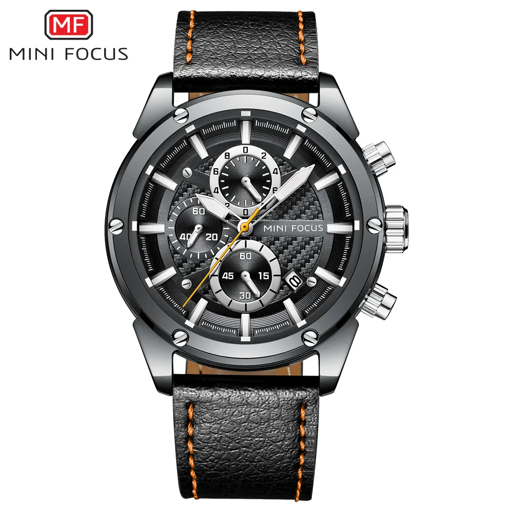 MINI FOCUS MF0161G Men’s Chronograph Quartz Watch | Three Eye Six Needle | High-Quality Leather Strap, Alloy Case