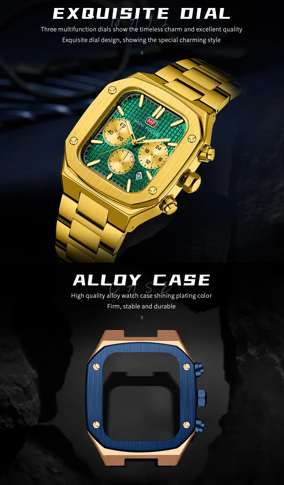 Stylish Luxury Quartz Watch for Men – Rose Gold Blue Chronograph by MINI FOCUS Factory Wholesale Supplier