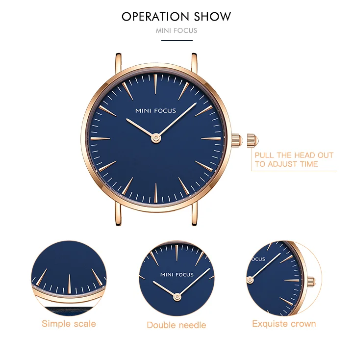 MINI FOCUS Hot Sell Blue Lady Quartz Watch Excel Leather Band Waterproof Analog Display Big Casual Hand Watch