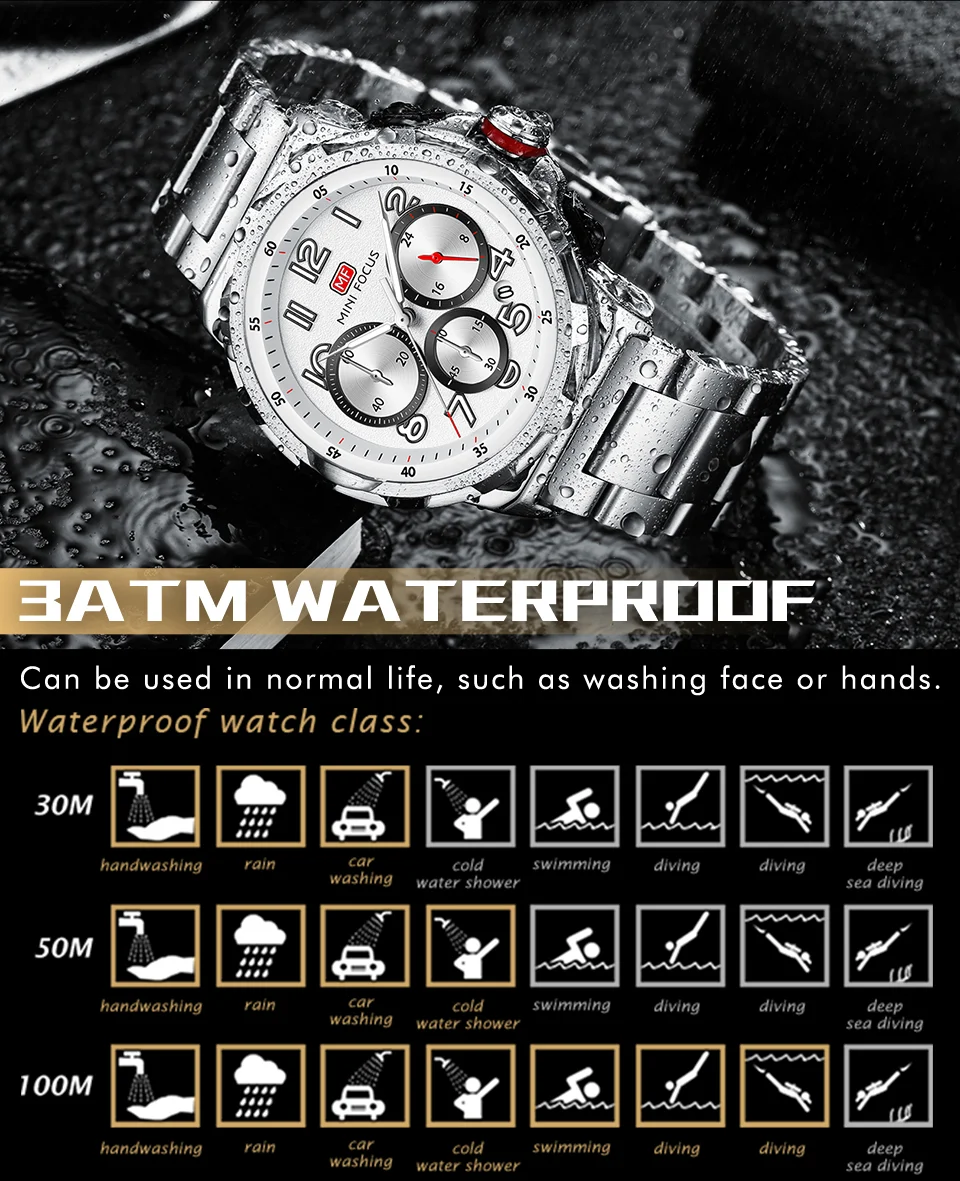 Mini Focus Waterproof Stainless Steel Strap Chronograph Fashion Men's Watch Quartz Wristwatches Male Business Watch