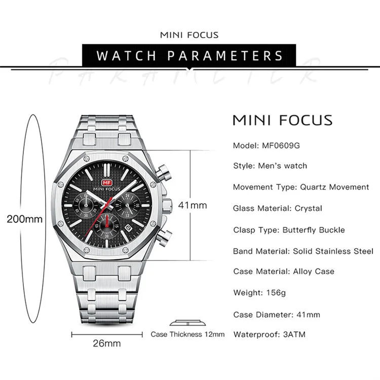 MINI FOCUS 0609 Elegance Men's Quartz Watch Stainless Steel, Luminous Chronometer for Business