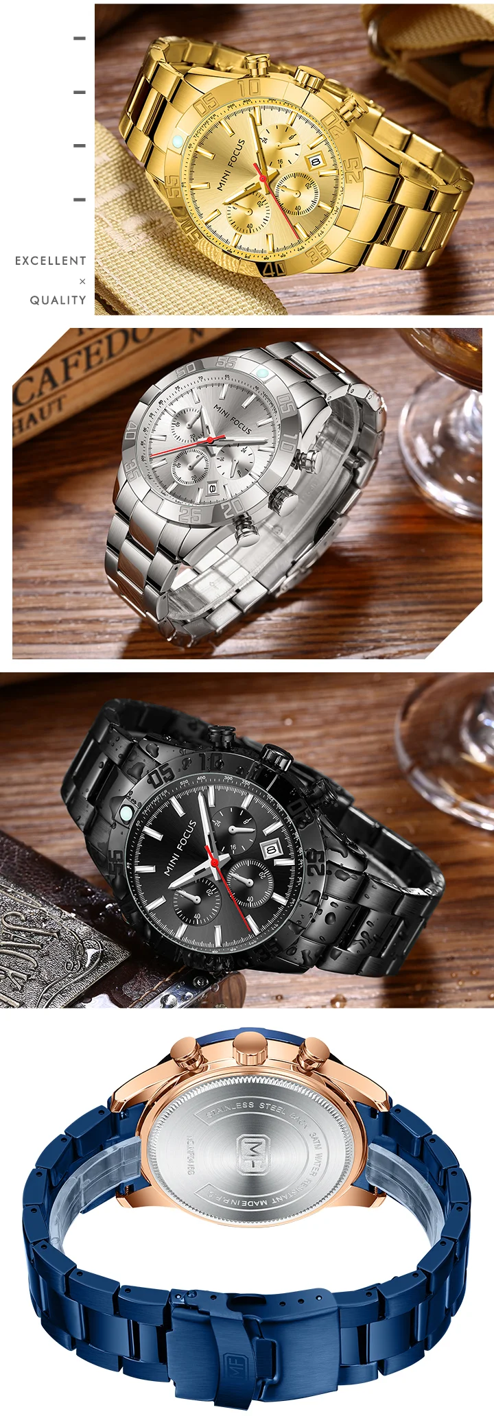 MINI FOCUS Business Chronograph Quartz Watch for Men Stainless Steel Wristwatch