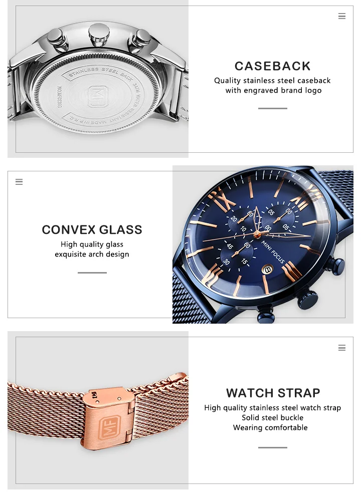 Mini Focus MF0236G Men’s Sports Quartz Watch | Chronograph Waterproof Stainless Steel Mesh Band