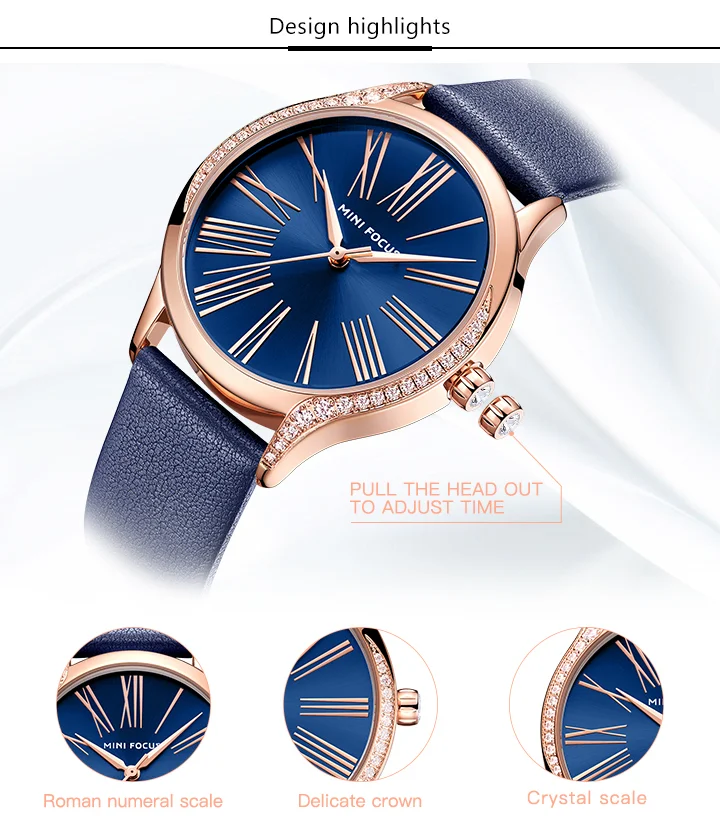 Mini Focus Women’s Quartz Watch | Elegant Blue Dial Ultra-Thin Waterproof Leather Strap Factory Wholesale