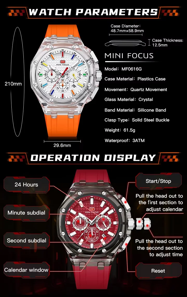MINI FOCUS MF0616G Men's Sports Watch Cool Design, Waterproof Plastic Case, Silicone Strap Quartz Watch