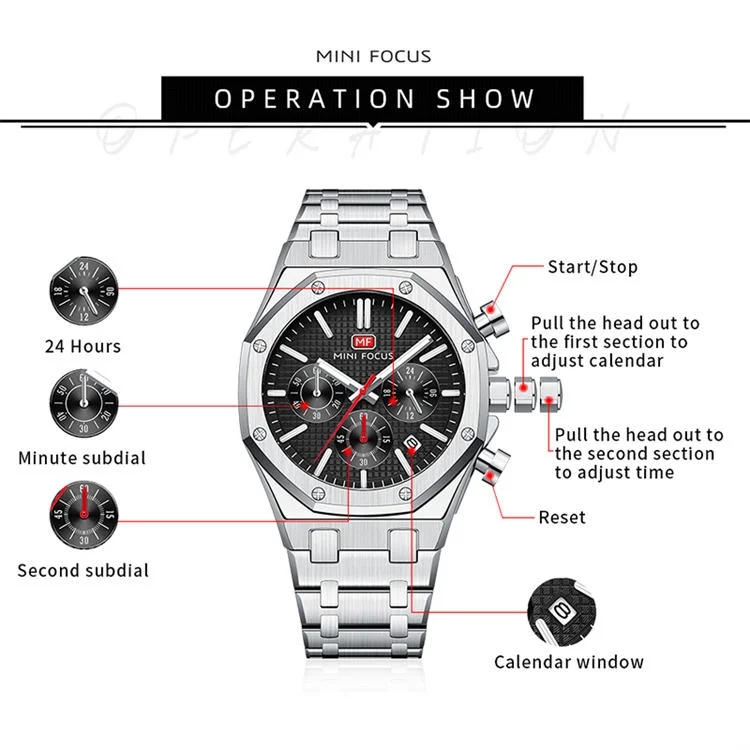 MINI FOCUS 0609 Elegance Men's Quartz Watch Stainless Steel, Luminous Chronometer for Business