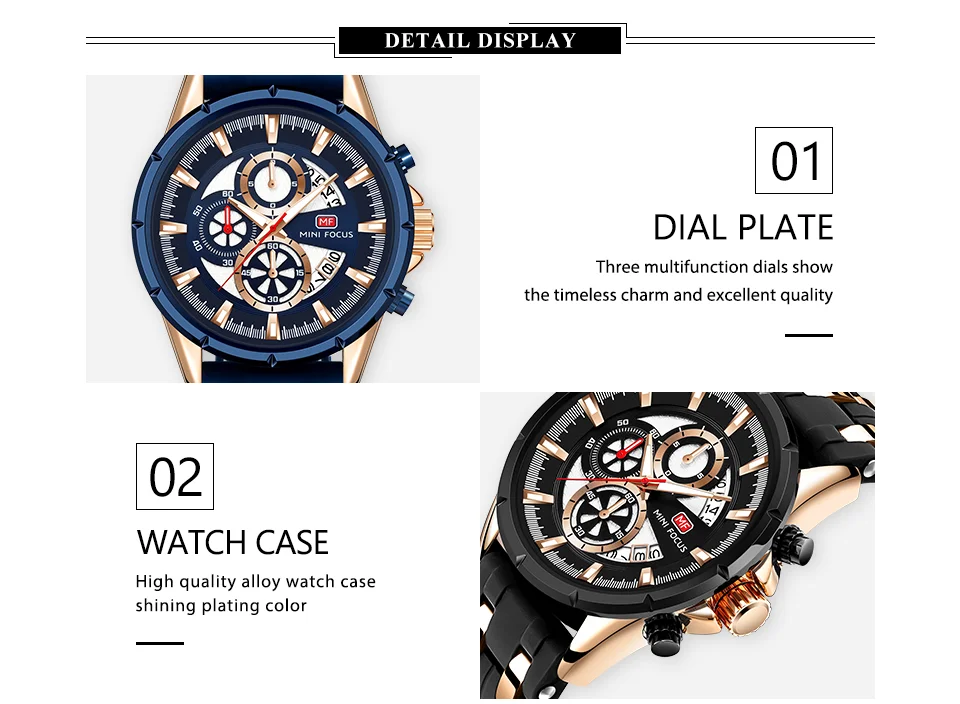 Mini Focus Men Sports Quartz Watches Luminous Hands Waterproof Chronograph Calendar Silicone Strap Fashion Watch