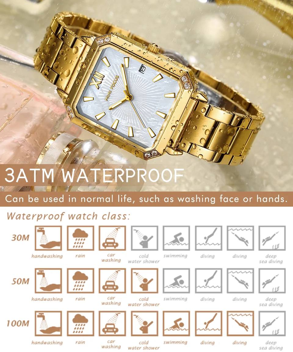 Elegant Square Ladies Watch – MINI FOCUS MF0472L Stainless Steel Strap Date Display Quartz Wristwatch