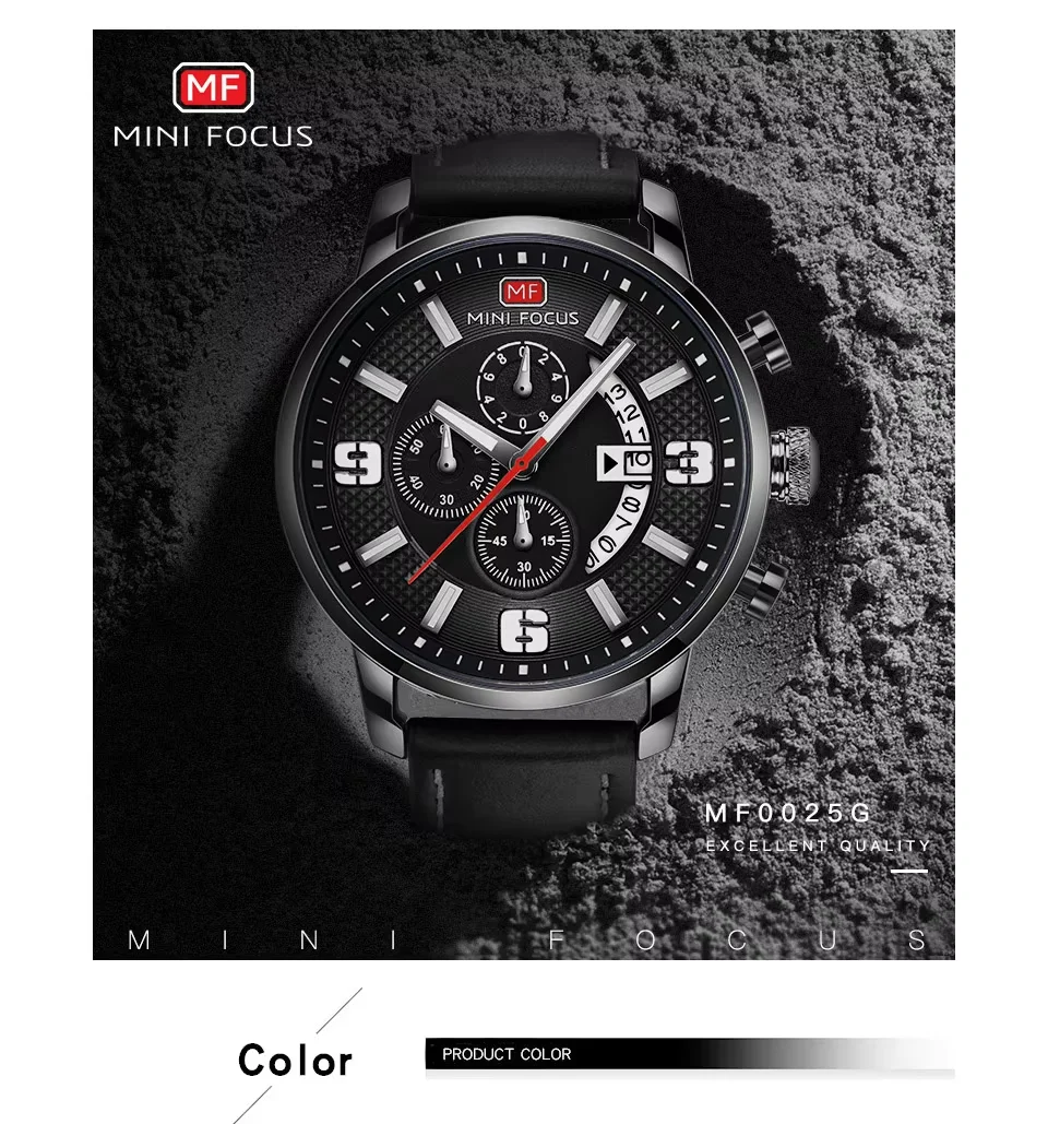 Mini Focus MF0025G Men’s Chronograph Quartz Watch | Leather Strap Waterproof 6-Hand Design | Factory Wholesale