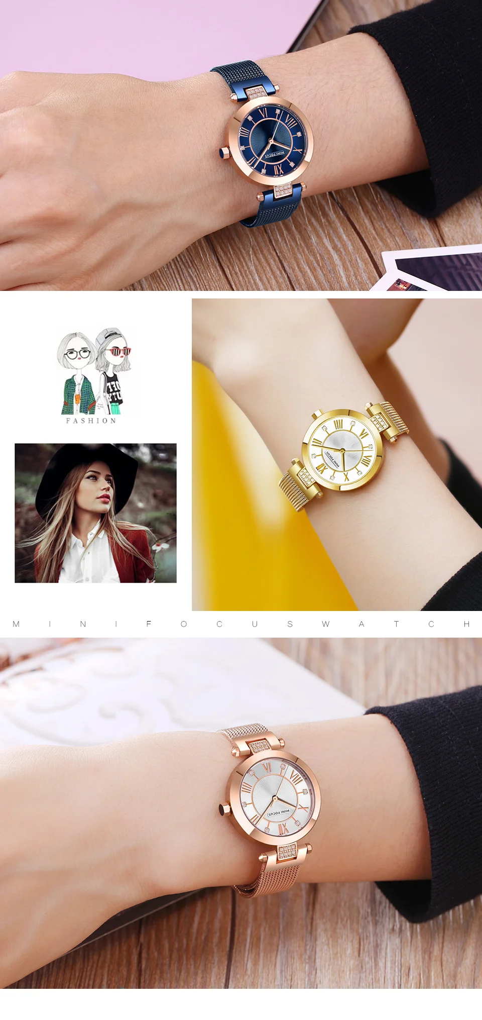 Mini Focus MF0215L Ladies Luxury Diamond Quartz Watch | Golden Mesh Strap | Waterproof Factory Wholesale