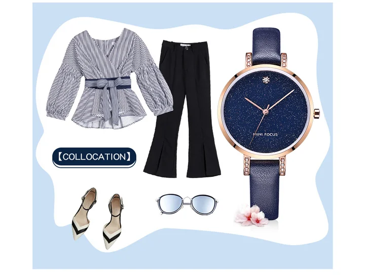 MINI FOCUS MF0159L Women’s Luxury Quartz Watch | Blue Leather Strap Elegant Iced-Out Ladies Wrist Watch with Box