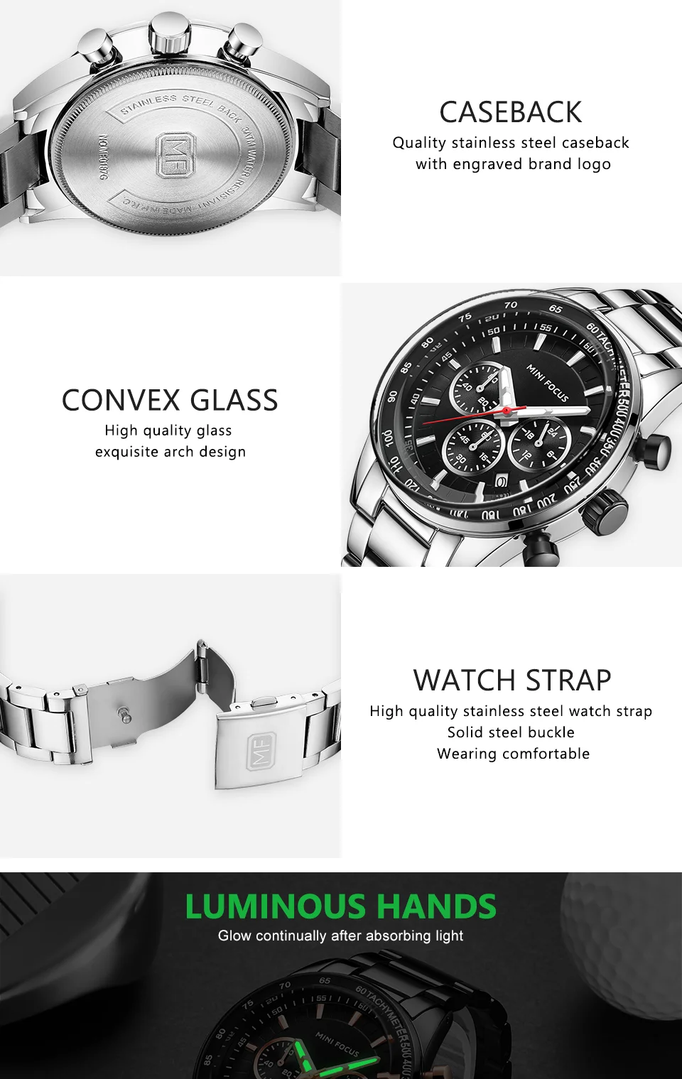 Mini Focus MF0187G Men’s Sports Chronograph Watch | Stainless Steel Wristwatch with Luminous Dial & Calendar