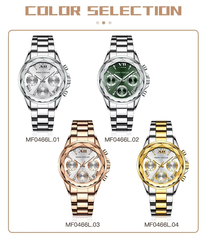 High-End Ladies Chronograph Watch &ndash; MINI FOCUS MF0466L Stainless Steel Strap  3 ATM Waterproof