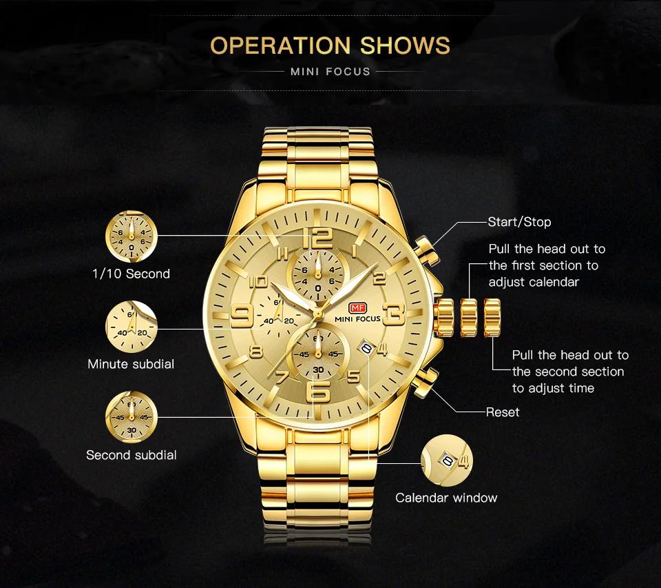 Mini Focus Gold Chronograph Men's Quartz Watch - Luxury Stainless Steel, Waterproof, Wholesale