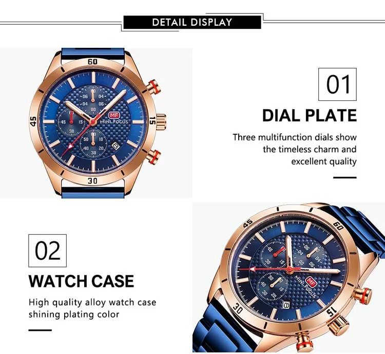 Mini Focus Blue Chronograph Watch for Men Stainless Steel Band Luxury Business Quartz Wristwatch