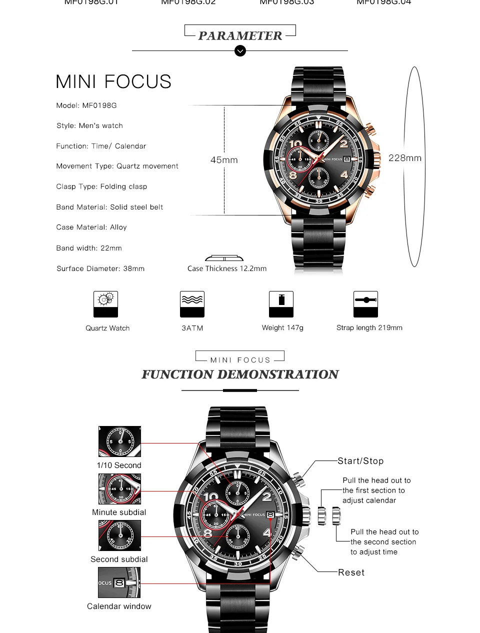 Mini Focus MF0198G Men’s Luxury Chronograph Watch | Stainless Steel | Waterproof Factory Direct