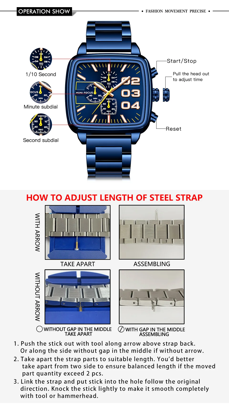 MINI FOCUS Quartz Waterproof Luminous Brand Men's Watches Stainless Steel Chronograph Multi-functional Wristwatches