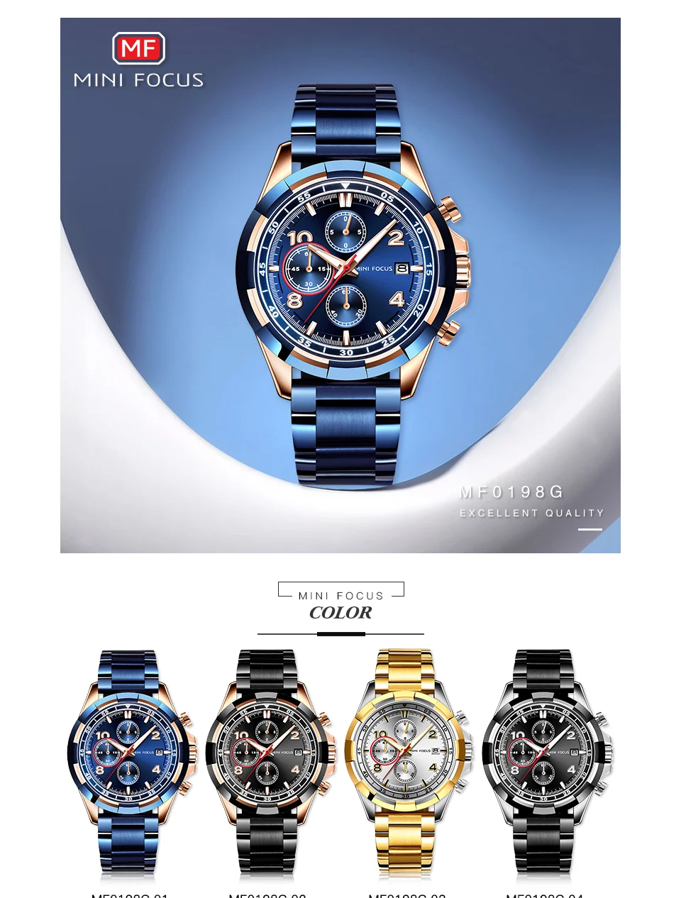 Mini Focus MF0198G Men’s Luxury Chronograph Watch | Stainless Steel | Waterproof Factory Direct