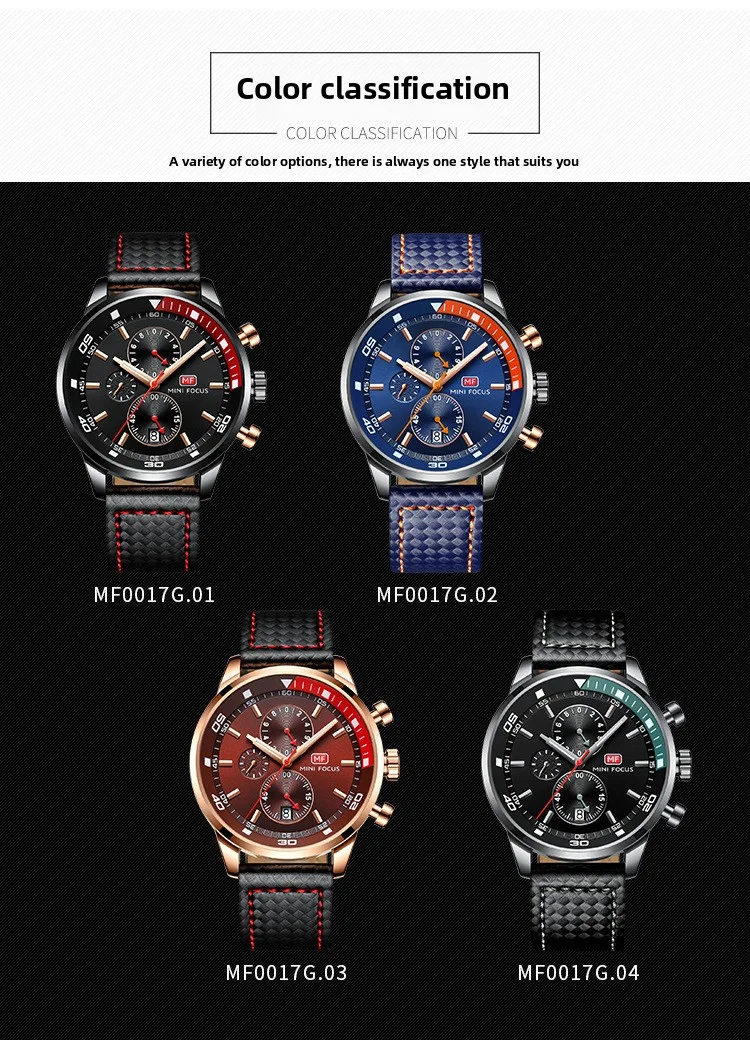 MF0017G Mini Focus Men’s Leather Band Sports Watch | Factory Wholesale Quartz Alloy Timepiece