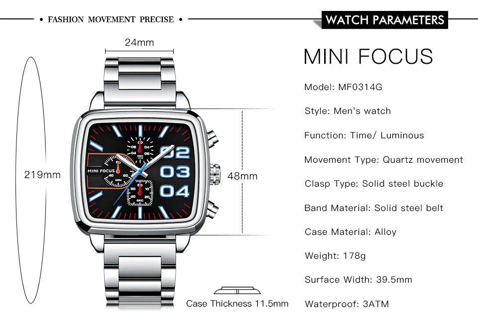 MINI FOCUS Quartz Waterproof Luminous Brand Men's Watches Stainless Steel Chronograph Multi-functional Wristwatches