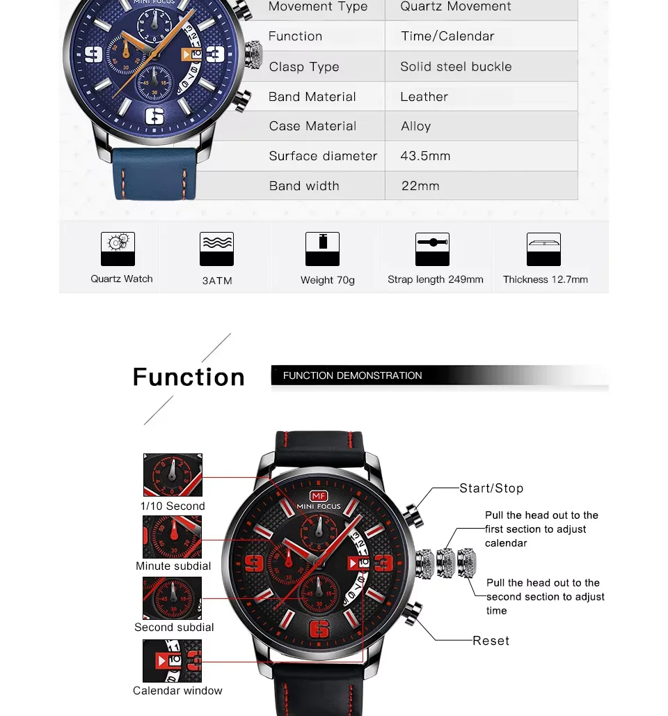 Mini Focus MF0025G Men’s Chronograph Quartz Watch | Leather Strap Waterproof 6-Hand Design | Factory Wholesale