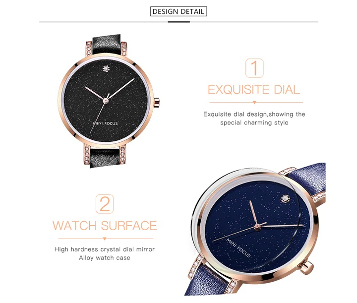 MINI FOCUS MF0159L Women’s Luxury Quartz Watch | Blue Leather Strap Elegant Iced-Out Ladies Wrist Watch with Box