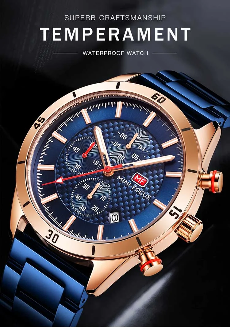Mini Focus Blue Chronograph Watch for Men Stainless Steel Band Luxury Business Quartz Wristwatch