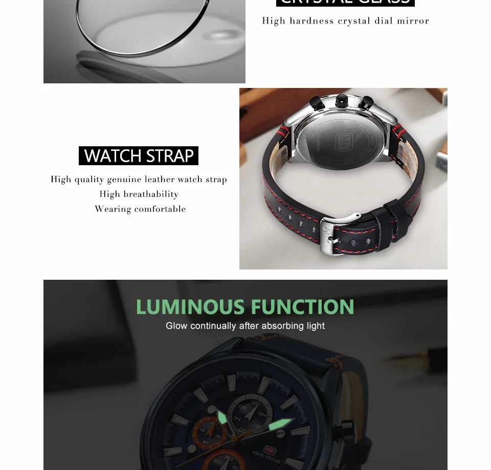 Mini Focus MF0083G Men's Fashion Watch | Genuine Leather Strap, Luminous Hands, Waterproof Quartz Movement, ODM Available