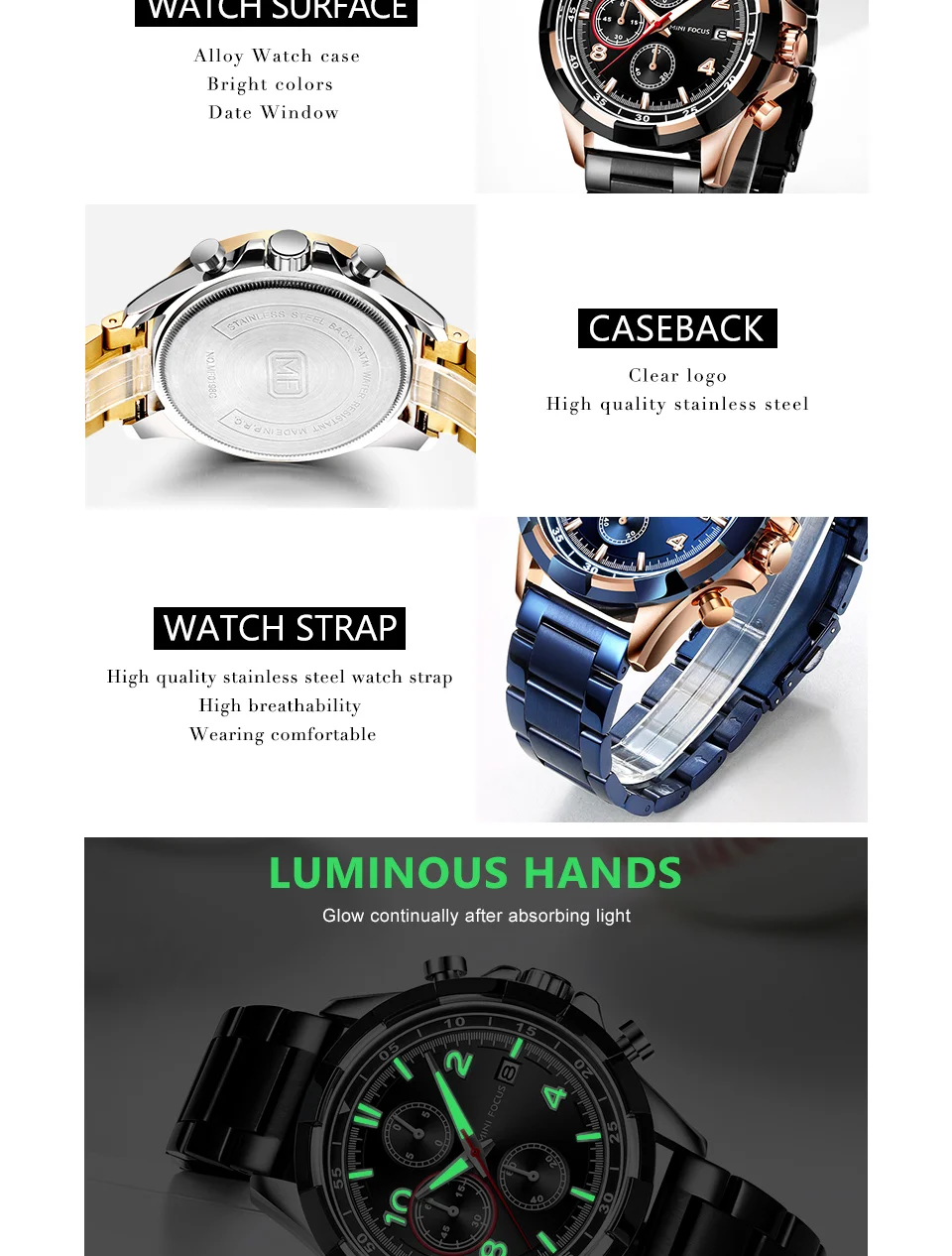 Mini Focus MF0198G Men’s Luxury Chronograph Watch | Stainless Steel | Waterproof Factory Direct