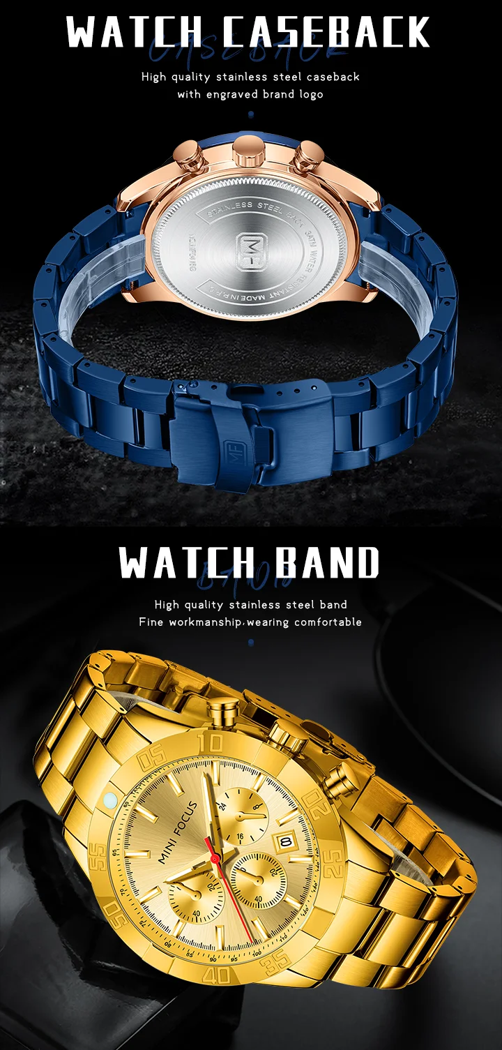 MINI FOCUS Business Chronograph Quartz Watch for Men Stainless Steel Wristwatch