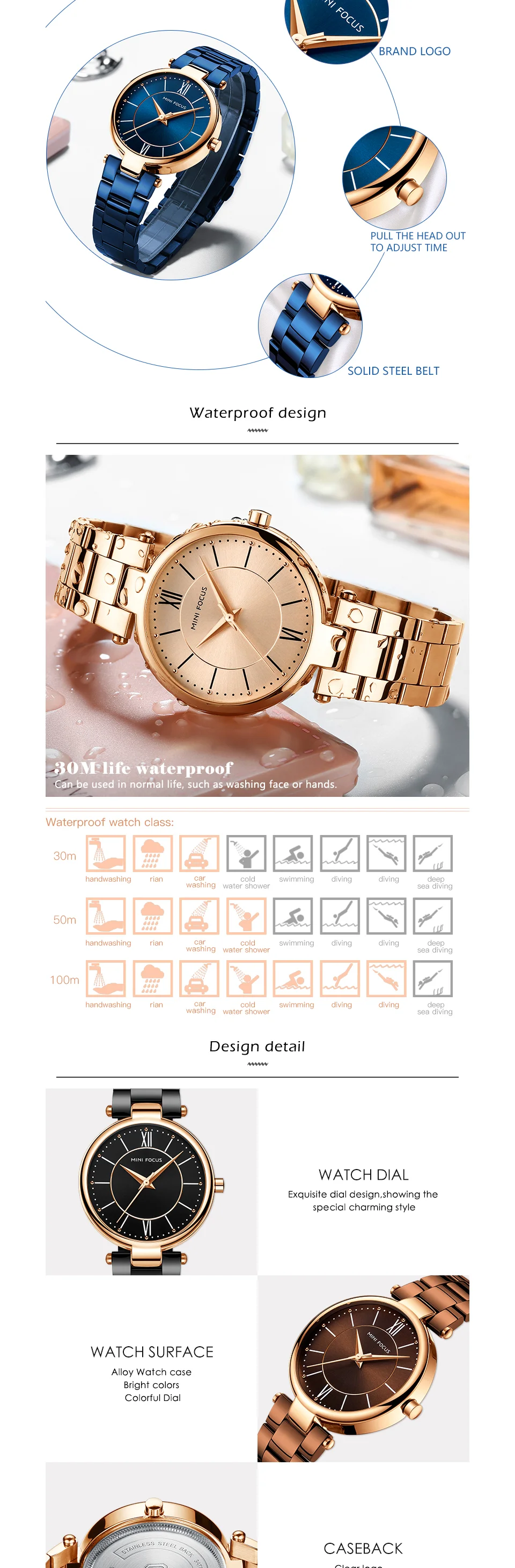 Mini Focus MF0189L Women’s Luxury Quartz Watch | Stainless Steel Strap Waterproof Elegant Dress Watch