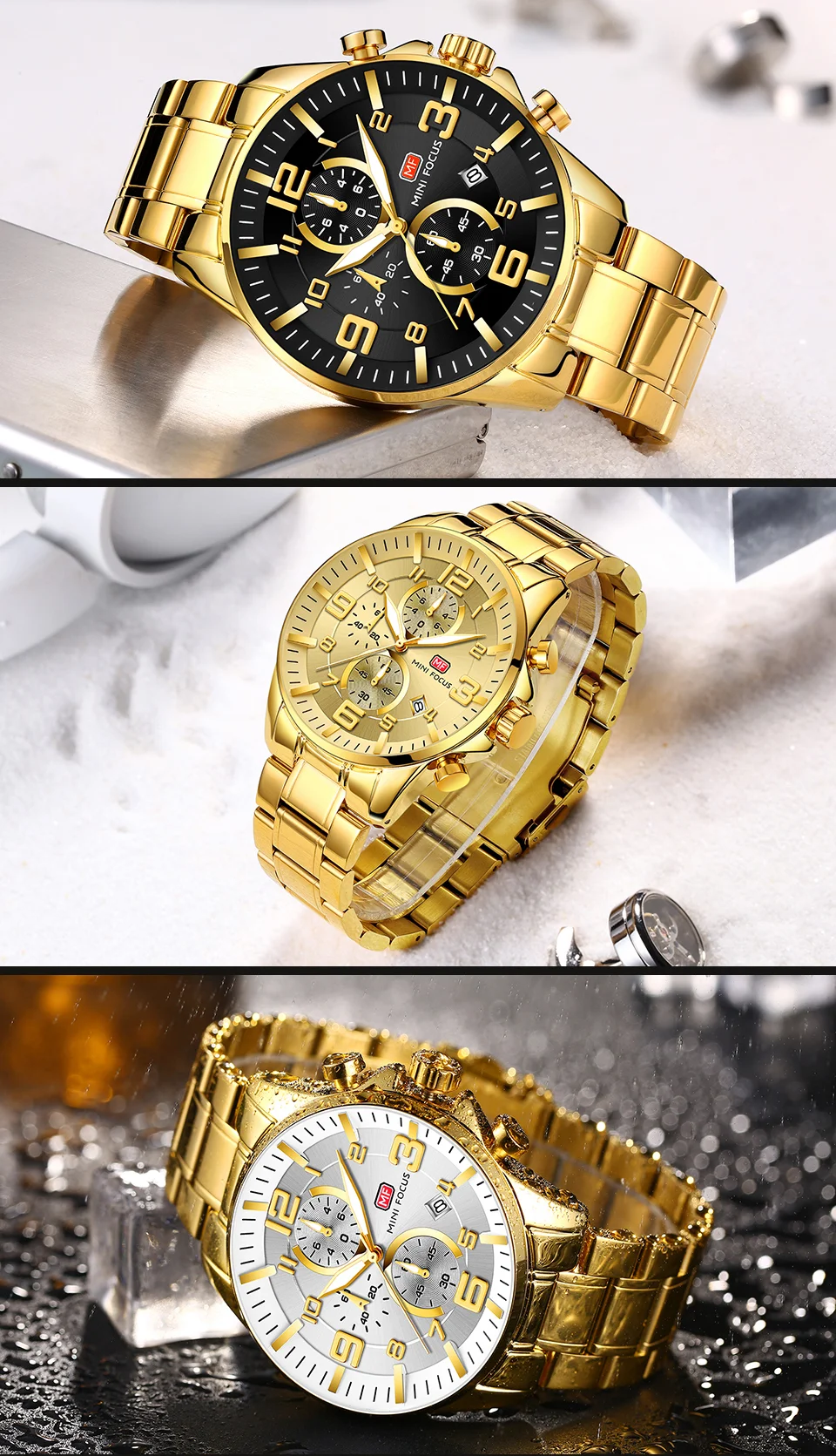 Mini Focus Gold Chronograph Men's Quartz Watch - Luxury Stainless Steel, Waterproof, Wholesale