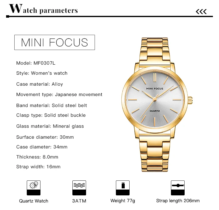 MINI FOCUS Femme Classic Elegant Watches Solid Stainless Steel Band Waterproof With Japanese Movement Women Quartz Watch