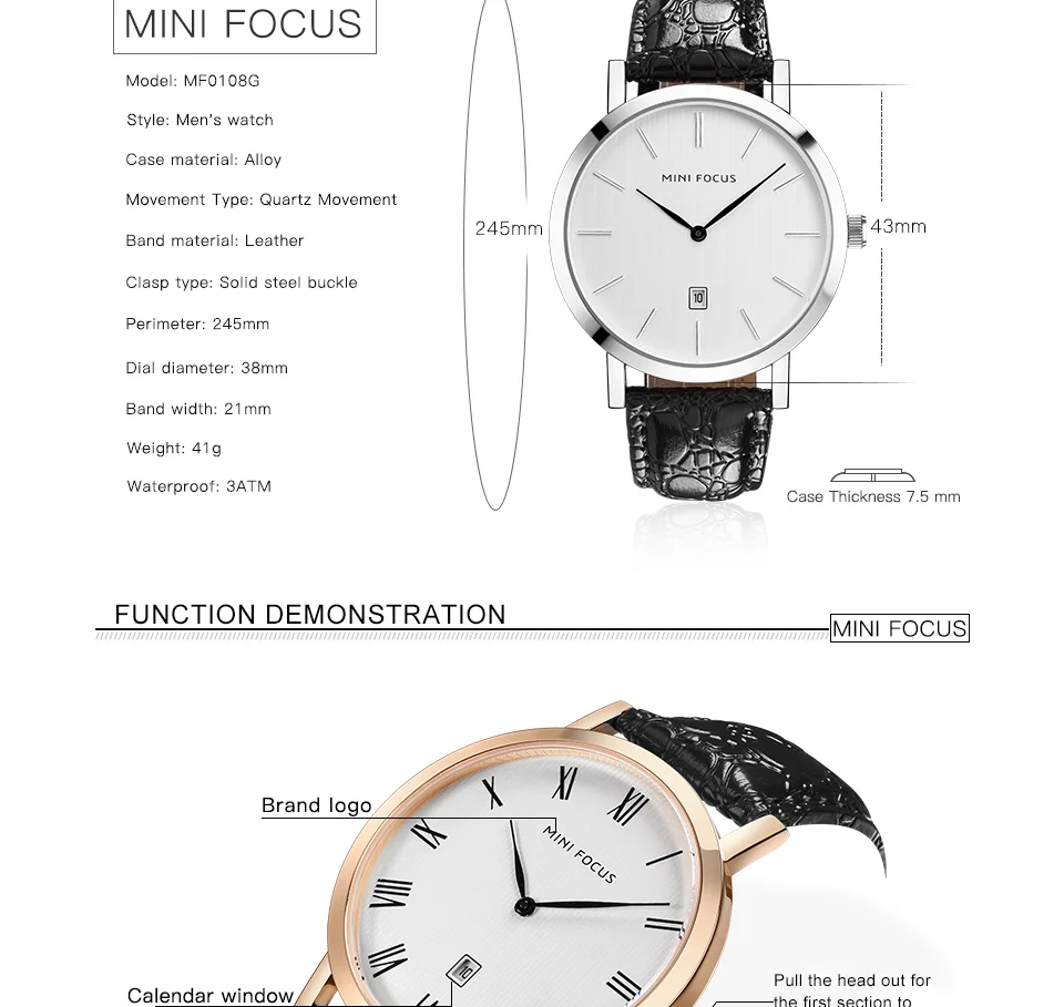 Mini Focus MF0108G Men's Business Quartz Watch | Black Leather | Factory Direct