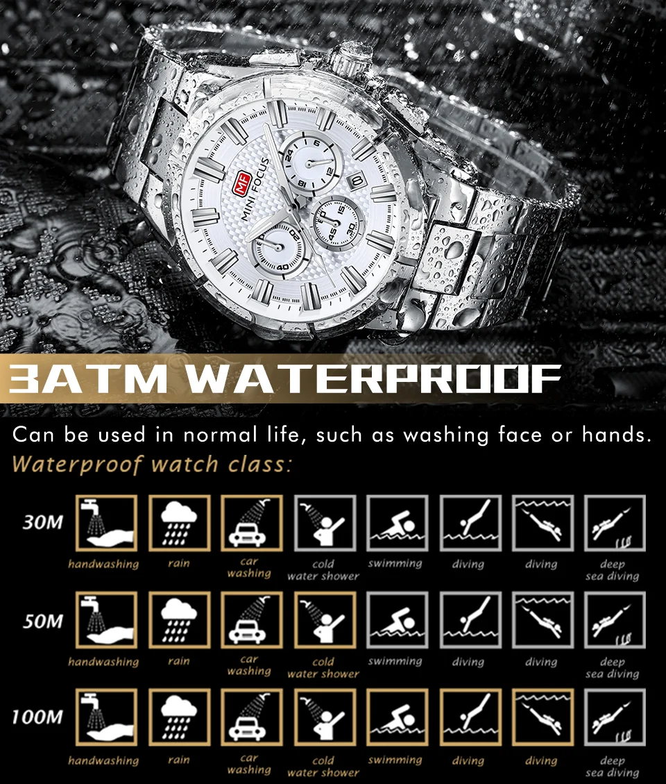Mini Focus MF0495G Men Chronograph Sport Watch Waterproof Stainless Steel Strap Wristwatch Manufacturer