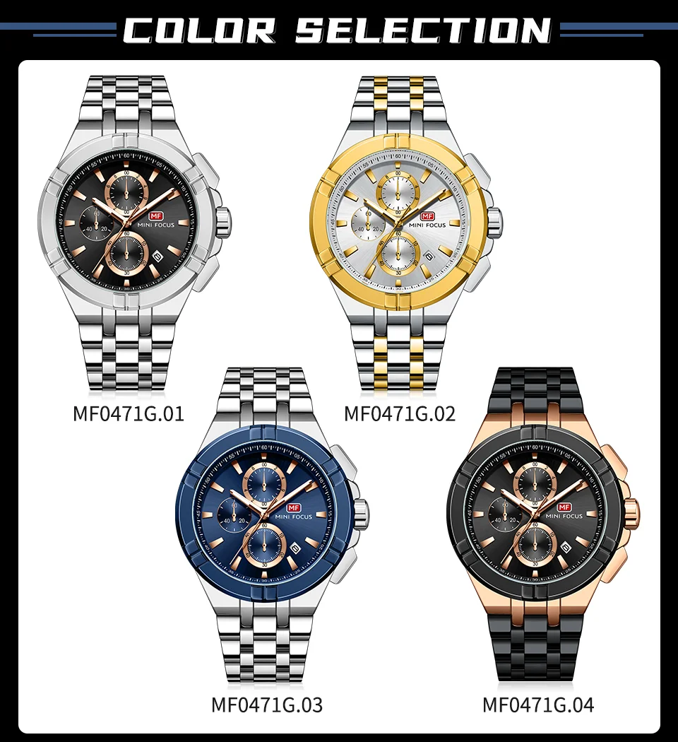 Mini Focus Top Sale Men’s Sports Chronometer Quartz Watch with Stainless Steel Band for Wholesale