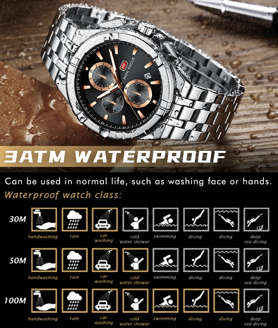Mini Focus Top Sale Men’s Sports Chronometer Quartz Watch with Stainless Steel Band for Wholesale