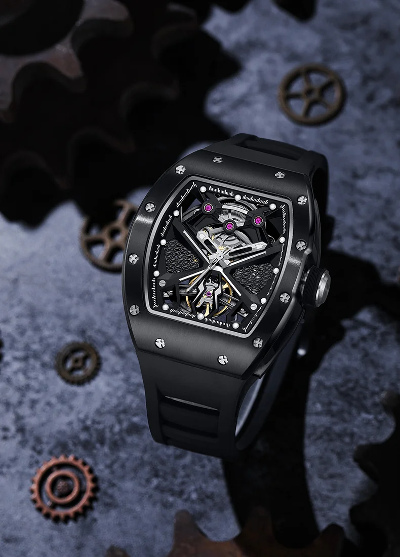 CHANCE 919005 Sporty Mechanical Watch 50M Waterproof, Hollow Dial, Silicone Strap for Men