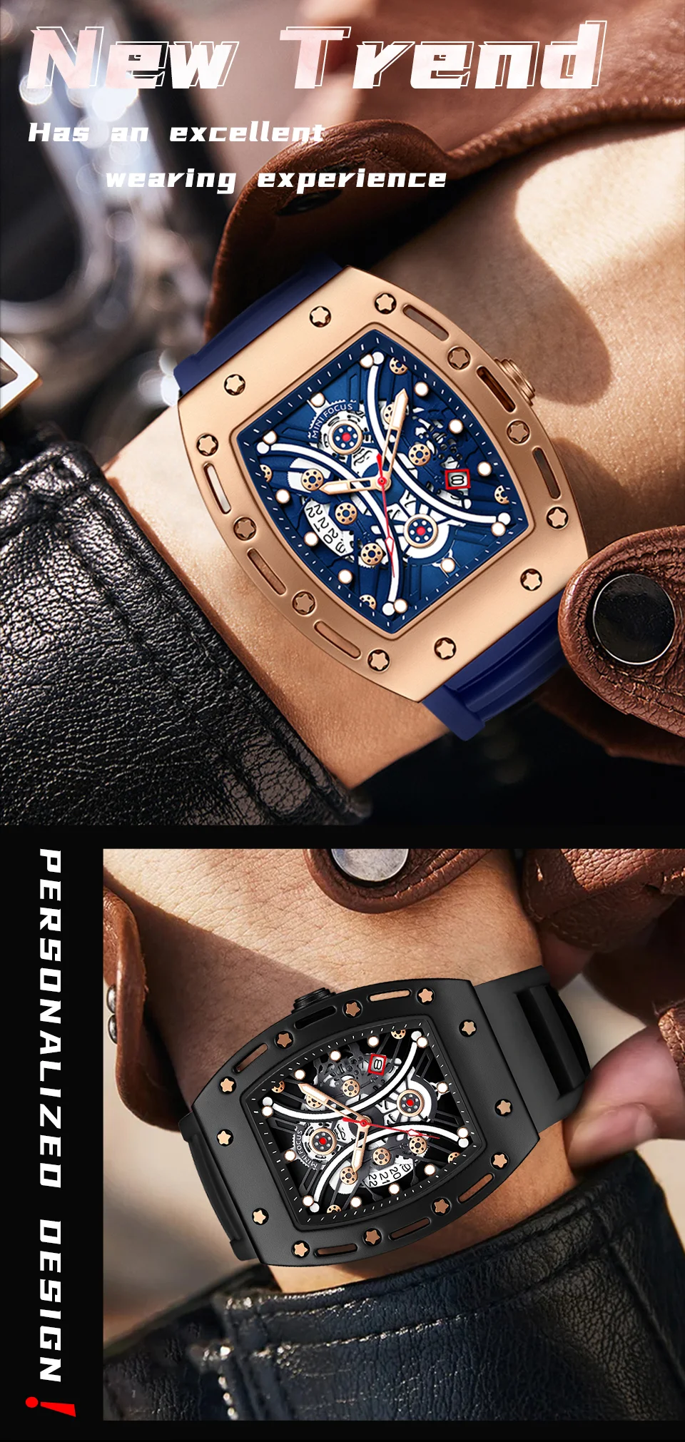 Wholesale Supplier Luxury Skeleton Design Automatic Watch for Men Mini Focus Wine Barrel Shape