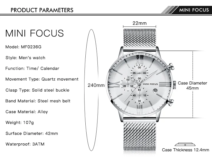 Mini Focus MF0236G Men’s Sports Quartz Watch | Chronograph Waterproof Stainless Steel Mesh Band