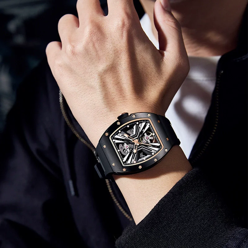 CHANCE 919004 Carbon Fiber Automatic Watch Luminous Silicone Strap Mechanical Watch for Men