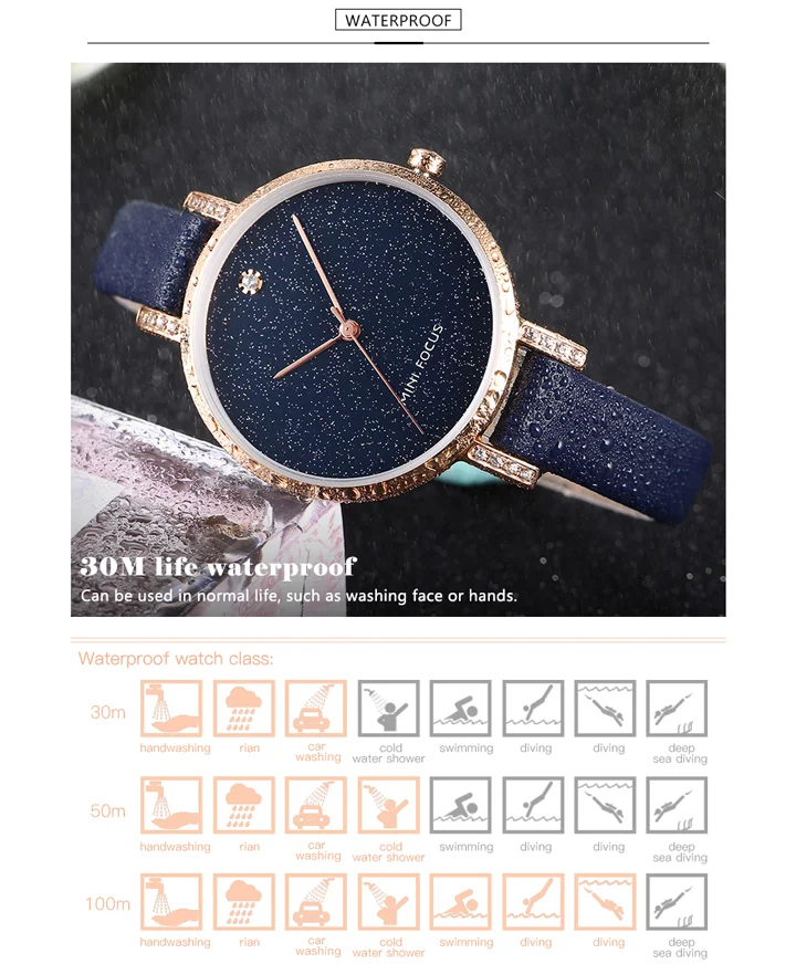 MINI FOCUS MF0159L Women’s Luxury Quartz Watch | Blue Leather Strap Elegant Iced-Out Ladies Wrist Watch with Box